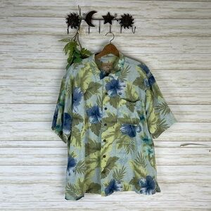 Havana Jack Cafe Blue flower Hibiscus Floral Hawaiian Tropical Silk Button Down
